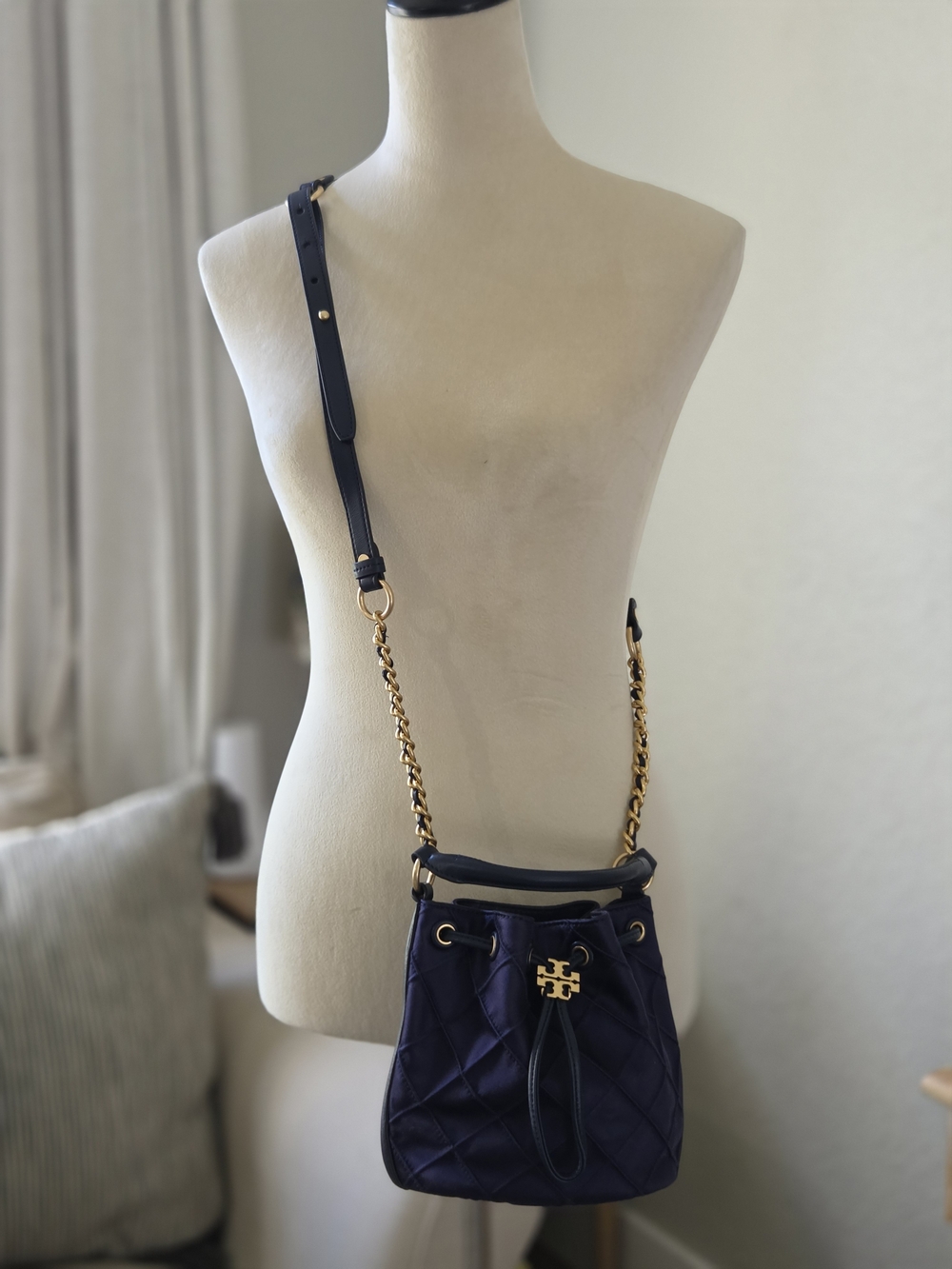 Tory Burch Navy Quilted Leather Drawstring Crossbody with Gold Hardware